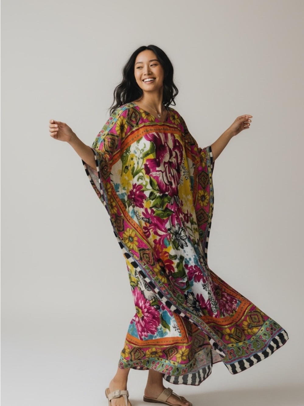 J. Peterman Floral Caftan Maxi Dress L/XL